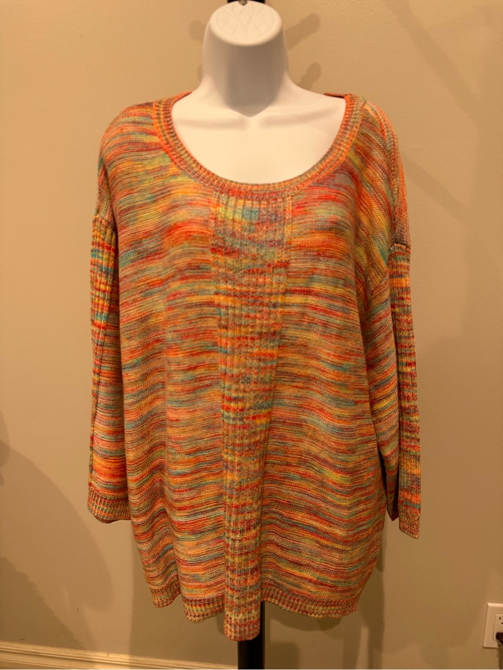CJ Banks Multicolor Scoop Neck Knit Sweater in Orange, Yellow & Teal